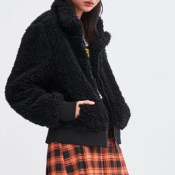 NWT Zara Black Sherpa Full Zip Fleece Bomber Jacket Size S - Picture 13 of 13